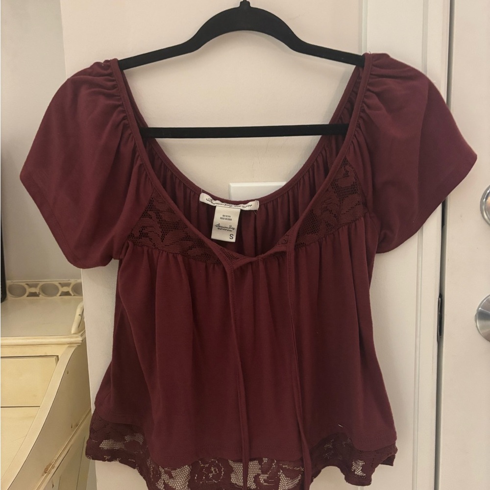 American Rag Burgundy Lace-Trim Peasant Top